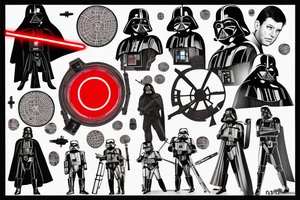 Darth Vader Red lightsaber star wars collage, death star behind Darth Vader, tie fighters in background trash polka tattoo idea