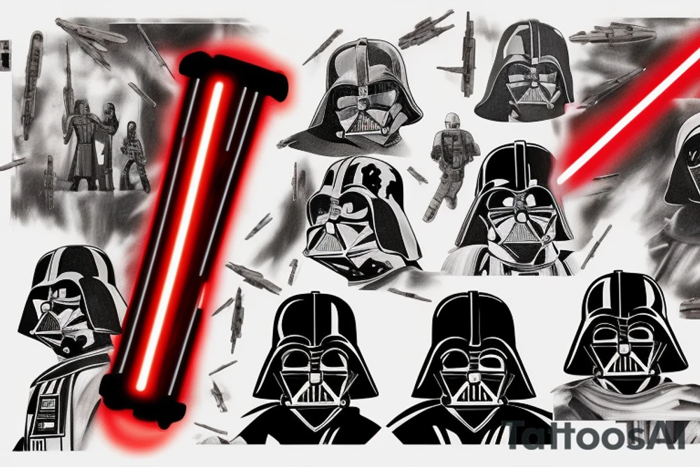 Darth Vader Red lightsaber star wars collage, death star behind Darth Vader, tie fighters in background trash polka tattoo idea