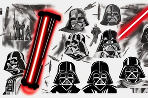 Darth Vader Red lightsaber star wars collage, death star behind Darth Vader, tie fighters in background trash polka tattoo idea