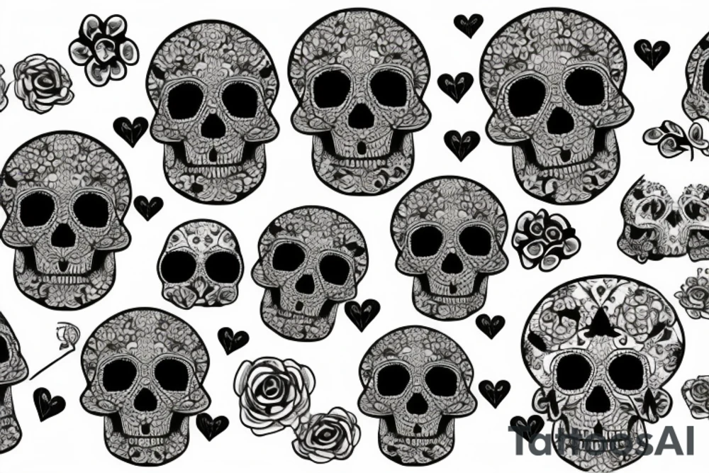 Hydrangea flower with skulls and hearts tattoo idea