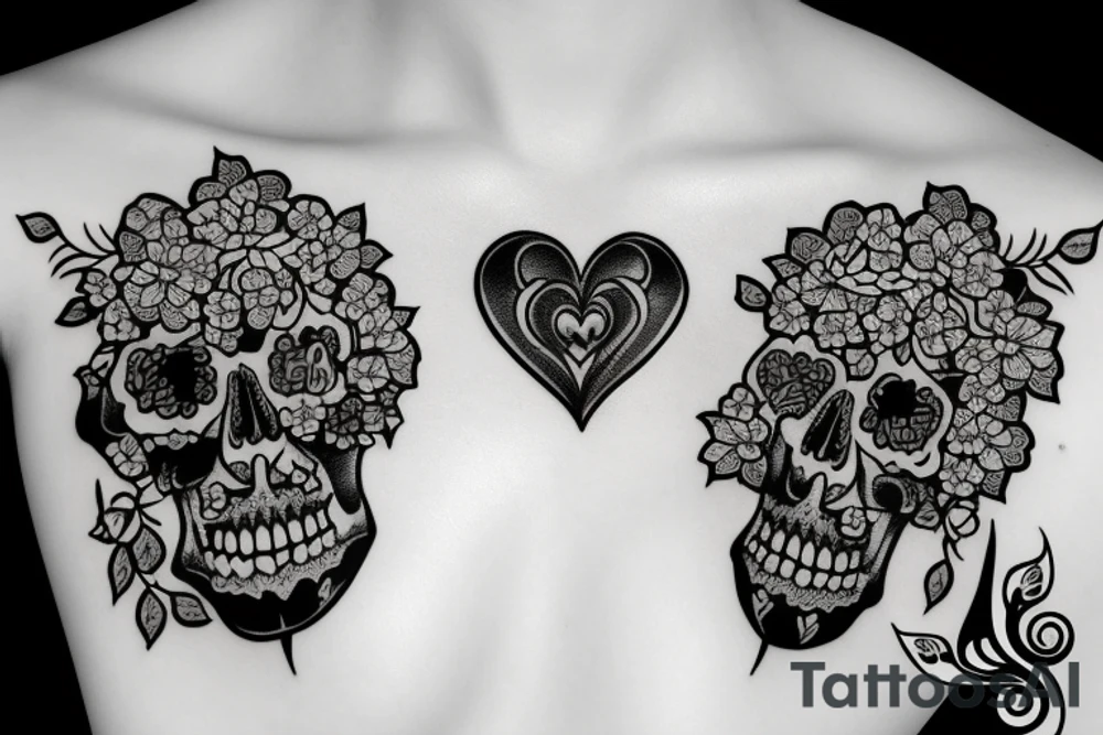 Hydrangea flower with skulls and hearts tattoo idea