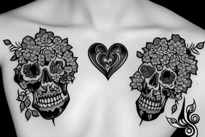 Hydrangea flower with skulls and hearts tattoo idea