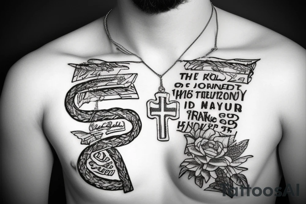 text saying "joshua 1:9" with cross necklace intertwined tattoo idea