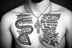 text saying "joshua 1:9" with cross necklace intertwined tattoo idea
