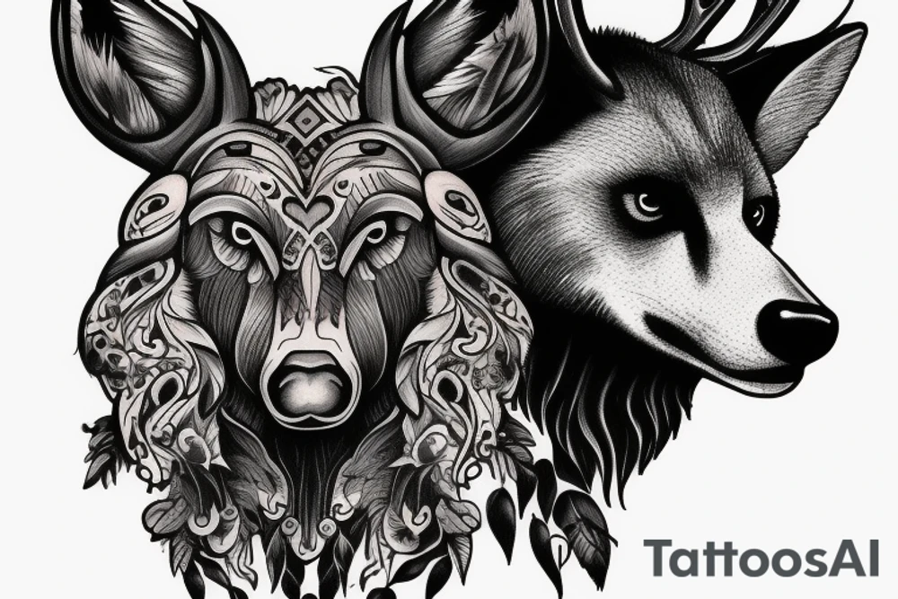 A buck deer head with bear, wolf and eagle tattoo idea