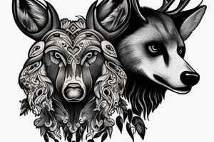 A buck deer head with bear, wolf and eagle tattoo idea