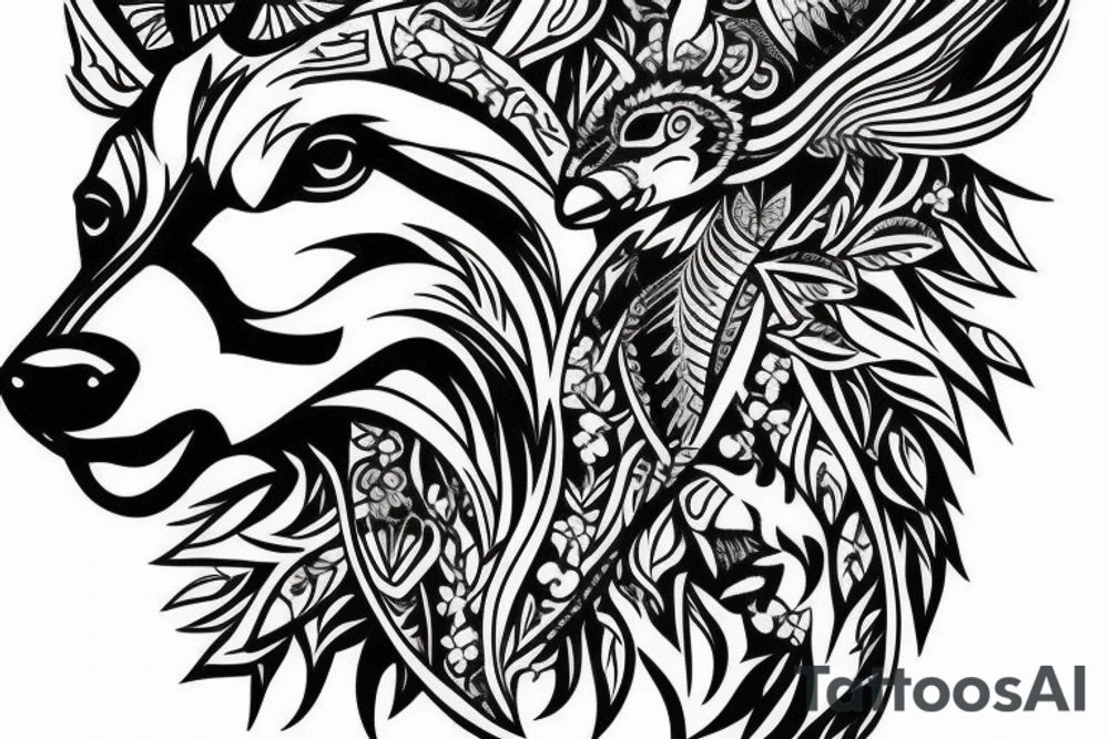 A buck deer head with bear, wolf and eagle tattoo idea