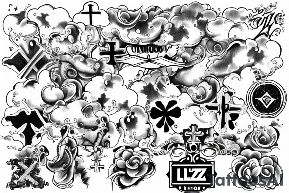 Clouds with a cross with LLZ and LLL. Angels tattoo idea