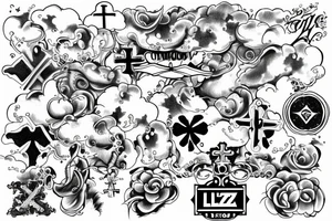 Clouds with a cross with LLZ and LLL. Angels tattoo idea