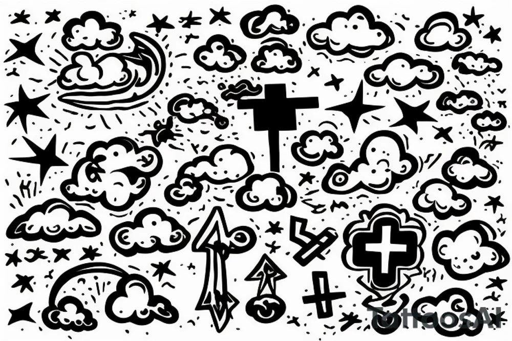 Clouds with a cross with LLZ and LLL. with Angels tattoo idea