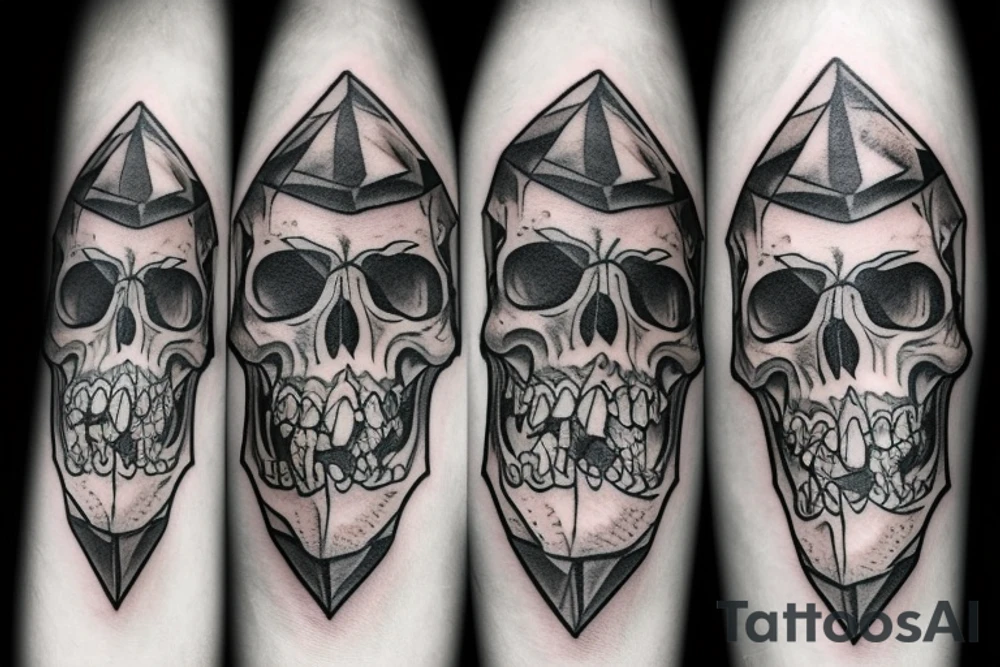 Skull biting down crushing diamond with blood and crushed diamond falling down from the skulls mouth tattoo idea