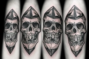 Skull biting down crushing diamond with blood and crushed diamond falling down from the skulls mouth tattoo idea