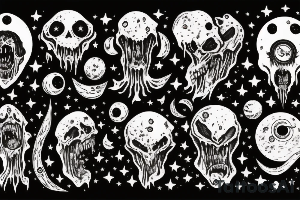 Explosions in soace with planets stars saturn earth moon horror blood monster tattoo idea