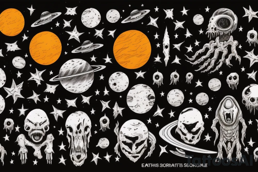 Explosions in space with planets stars saturn earth moon horror blood monster tattoo idea