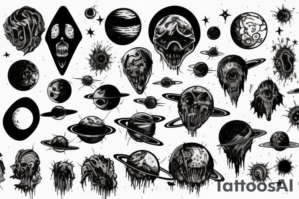 Explosions in space with planets stars saturn earth moon horror blood monster tattoo idea