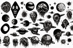 Explosions in space with planets stars saturn earth moon horror blood monster tattoo idea