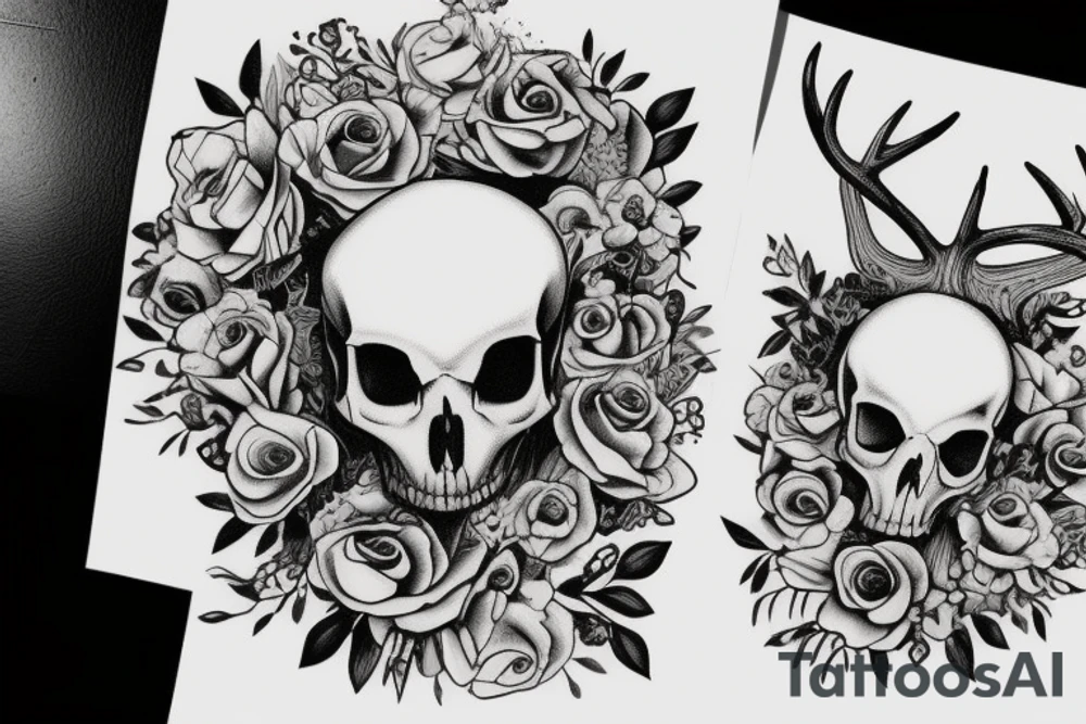 nature deer skull flowers vines tattoo idea
