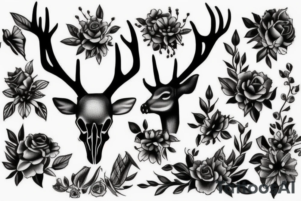 nature deer skull flowers vines tattoo idea