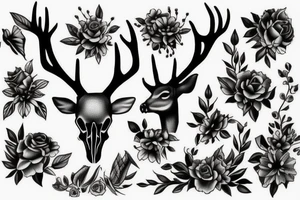 nature deer skull flowers vines tattoo idea