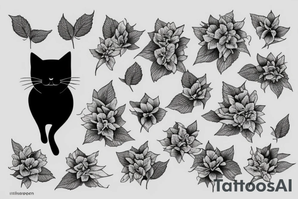 black cat in hydrangea bush tattoo idea
