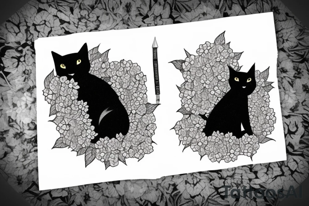 black cat in hydrangea bush tattoo idea