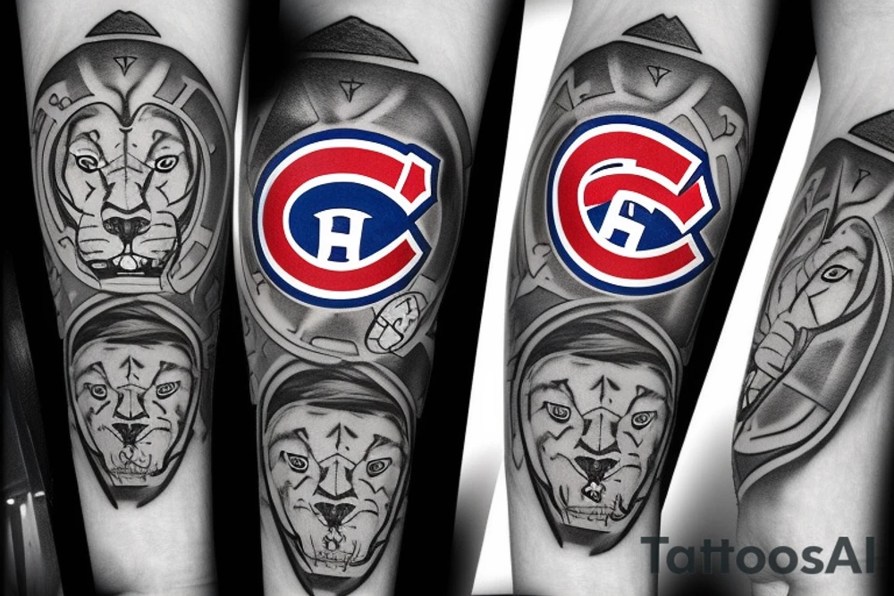 Realistic Montreal Canadians hockey blended with a family of realistic lions tattoo idea