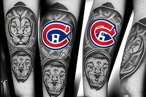 Realistic Montreal Canadians hockey blended with a family of realistic lions tattoo idea