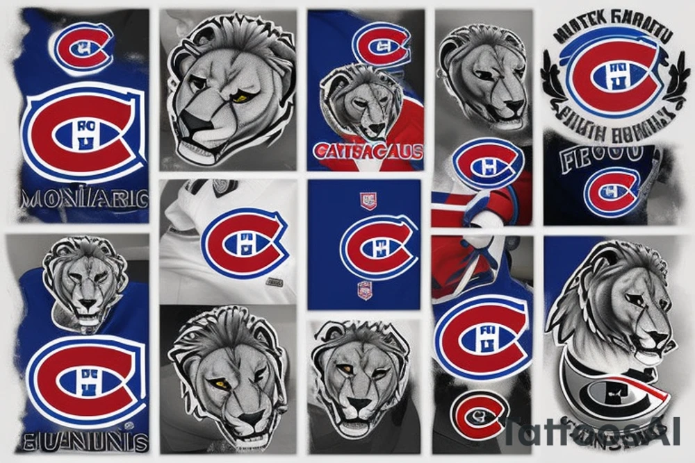 Realistic Montreal Canadians hockey blended with a family of realistic lions tattoo idea