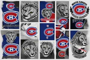 Realistic Montreal Canadians hockey blended with a family of realistic lions tattoo idea