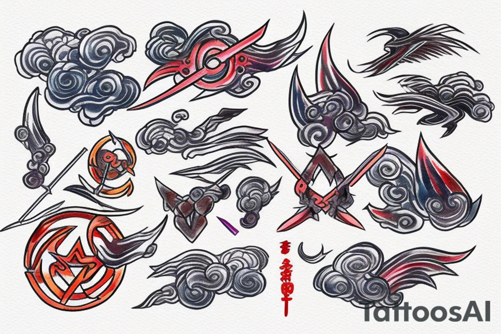 Abstract trident with Akatsuki cloud and mangyekou Sharingan tattoo idea