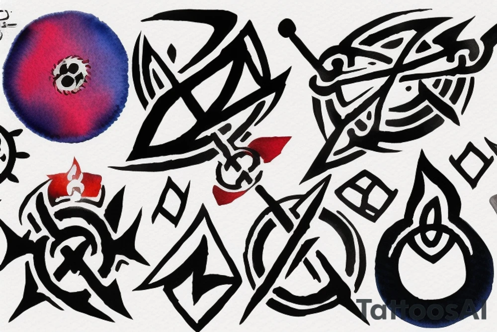 Abstract trident with Akatsuki cloud and mangyekou Sharingan tattoo idea