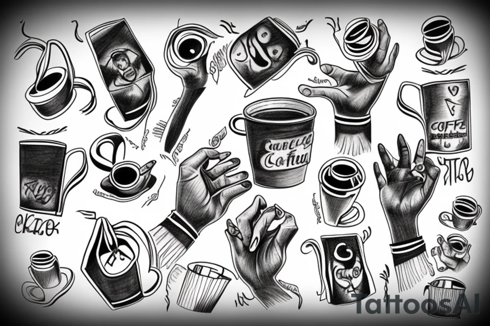 Left hand holding up a cup of coffee and a right hand presenting a noose tattoo idea