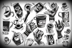 Left hand holding up a cup of coffee and a right hand presenting a noose tattoo idea