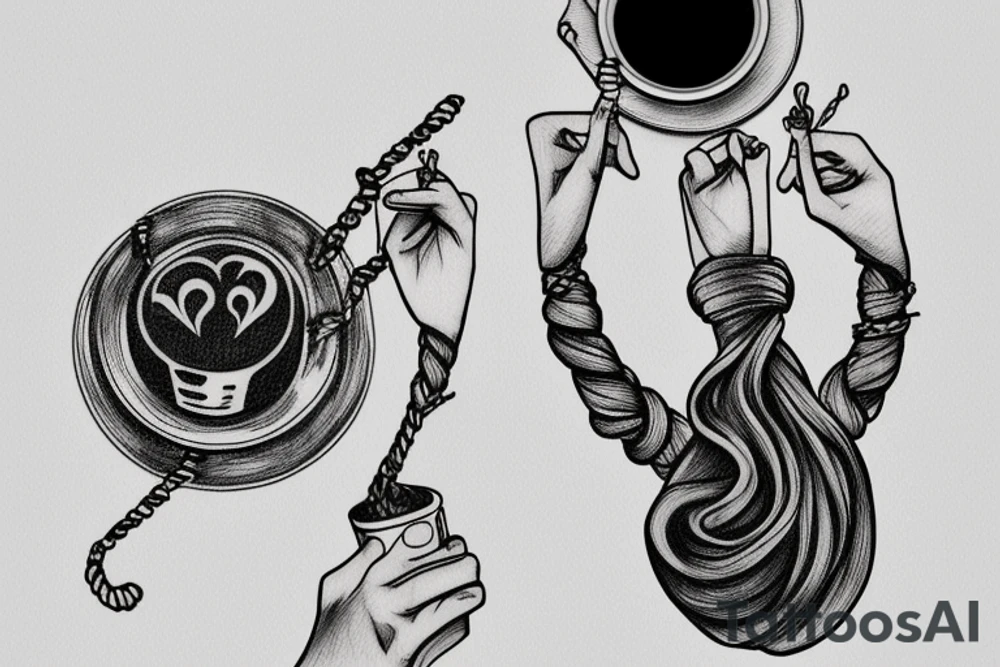 Left hand holding up a cup of coffee and a right hand presenting a noose tattoo idea