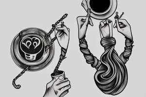 Left hand holding up a cup of coffee and a right hand presenting a noose tattoo idea