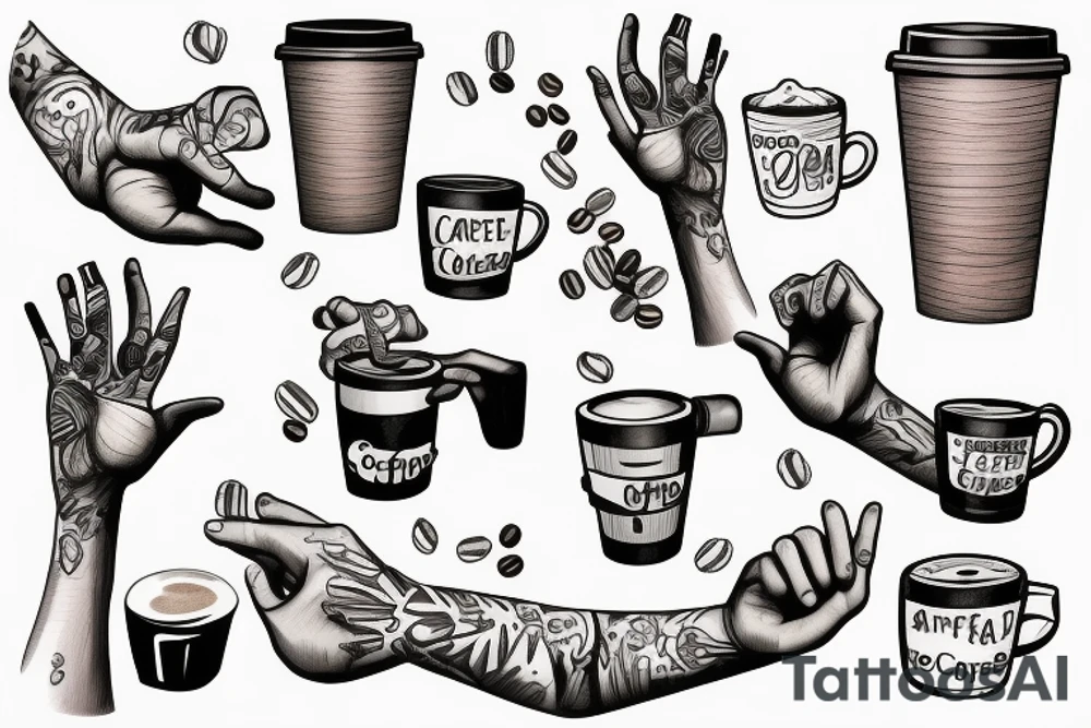 Left hand holding up a cup of coffee and a right hand holding up a gun tattoo idea