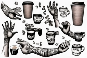 Left hand holding up a cup of coffee and a right hand holding up a gun tattoo idea