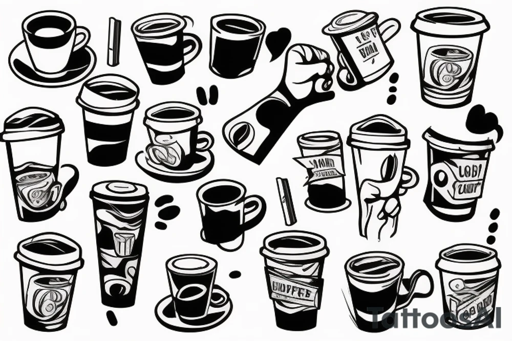 Left hand holding up a cup of coffee and a right hand holding up a gun tattoo idea