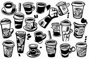 Left hand holding up a cup of coffee and a right hand holding up a gun tattoo idea