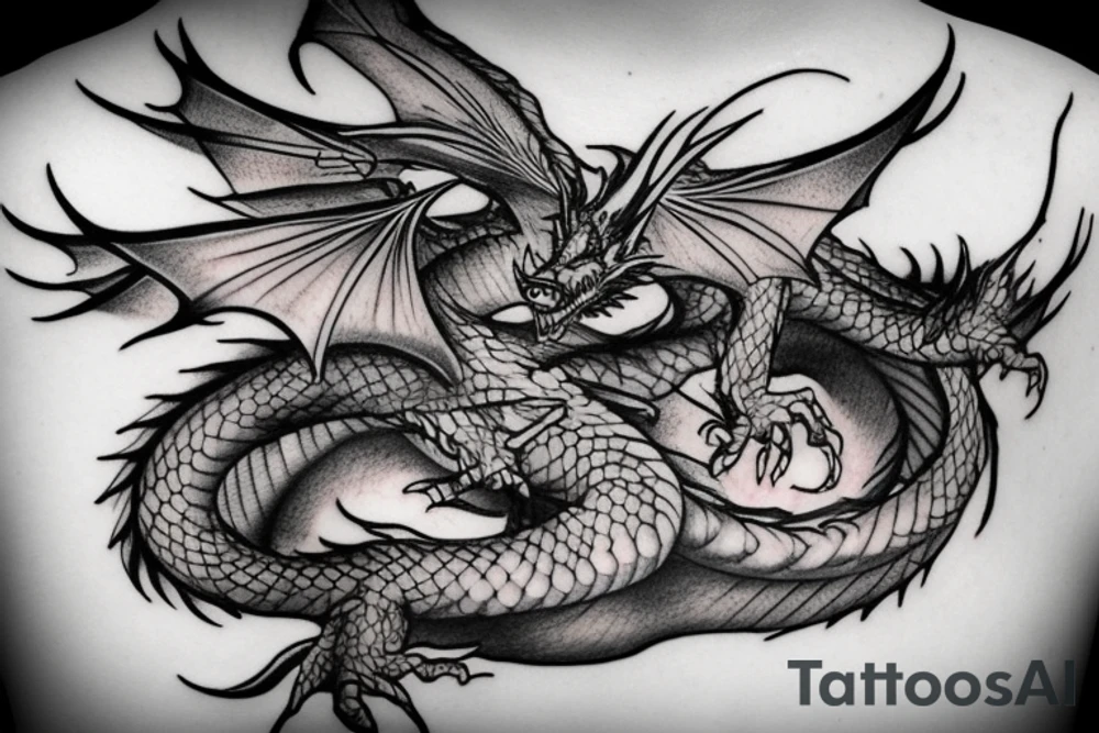 A dragon flying through clouds surrounding a human tattoo idea