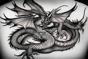A dragon flying through clouds surrounding a human tattoo idea