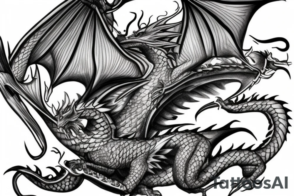 A dragon flying through clouds surrounding a human tattoo idea