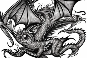 A dragon flying through clouds surrounding a human tattoo idea