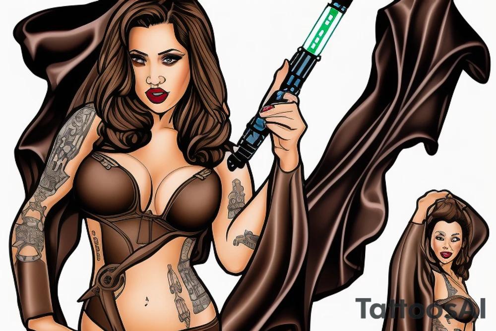 Pinup, Sexy brown hair woman wearing only a full length Jedi knight robe while holding a lightsaber tattoo idea