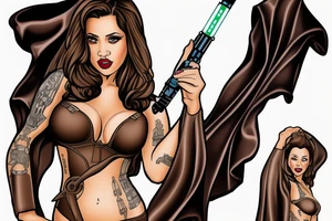 Pinup, Sexy brown hair woman wearing only a full length Jedi knight robe while holding a lightsaber tattoo idea