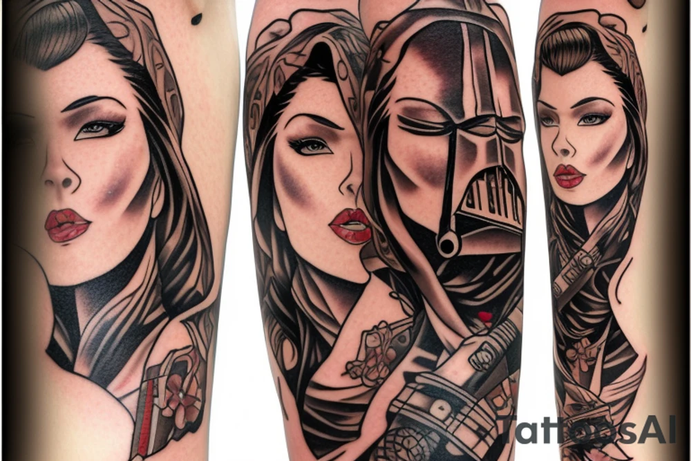 Pinup, very busy Sexy brown hair woman wearing only a full length Jedi knight robe while holding a lightsaber, full figure tattoo idea