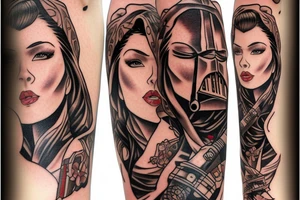 Pinup, very busy Sexy brown hair woman wearing only a full length Jedi knight robe while holding a lightsaber, full figure tattoo idea