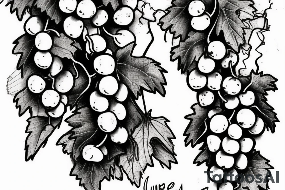 Grape vine with two to three bunches of grapes with the name Lupe coming out of the vines. tattoo idea