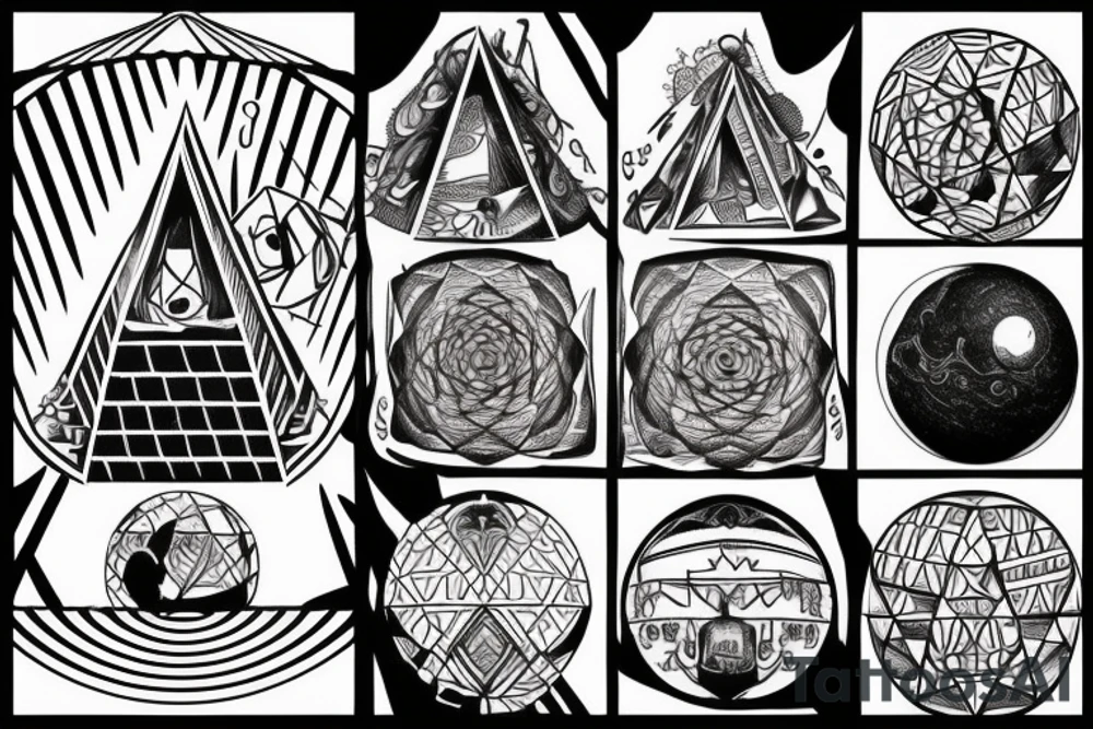 symetrical sphere above a pyramid of equal height with a horizontal bar behind tattoo idea