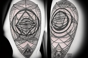 symmetrical sphere above a pyramid of equal height with a horizontal bar behind orient like DEO sideways tattoo idea